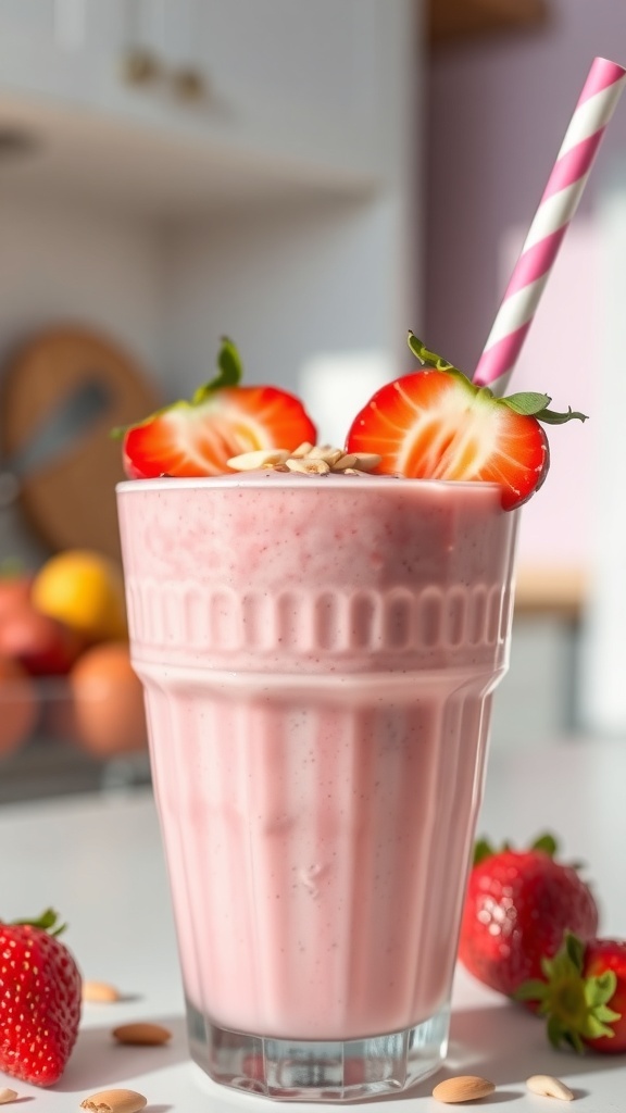 A pink strawberry almond milk smoothie topped with strawberry slices and almonds in a bright kitchen.